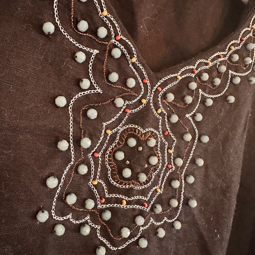 Black Linen Top - Size 14 (Fits like a M/L) - Coastal Beach Vibe Beaded - Picture 7 of 9